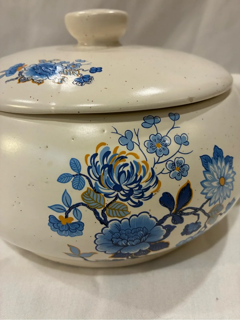 Romco USA French Onion Soup Crock Bowl W/Lid & Handle Blue Orange Flowers Cream